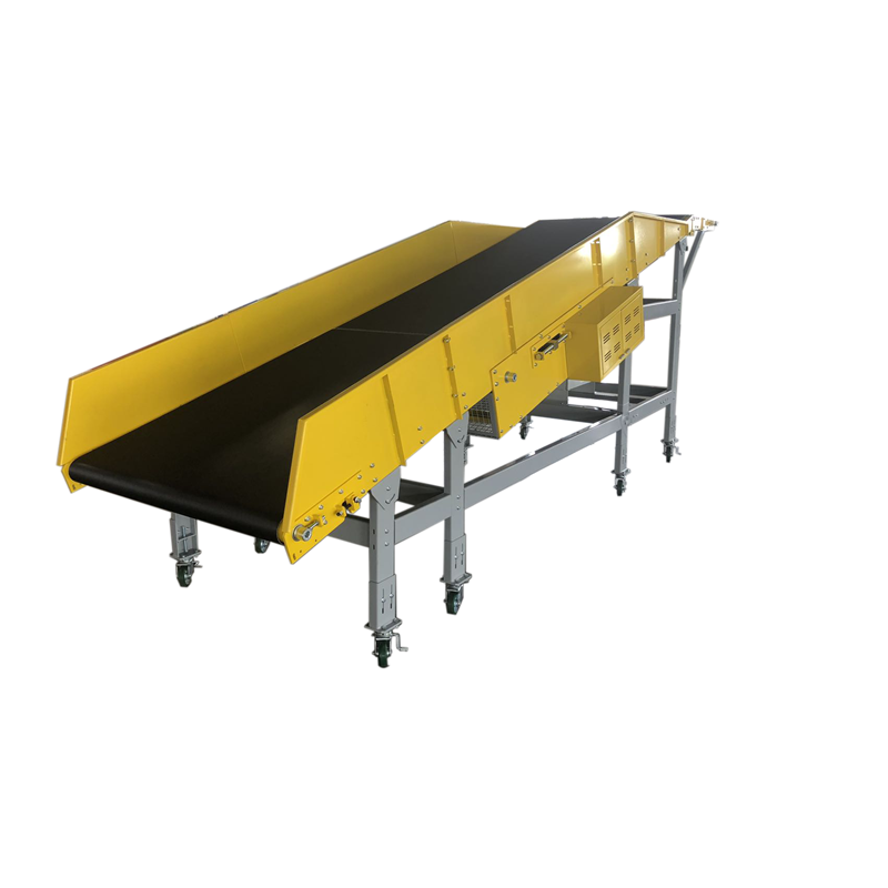 Sloped conveyor belt moving boxes